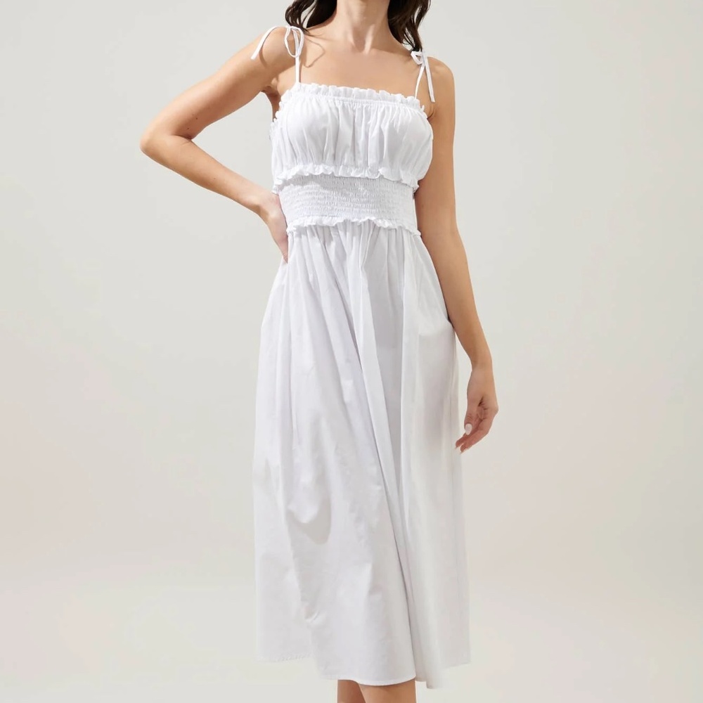 Sugarlips Orion Smocked Waist Tie Strap Poplin Midi Dress NWT